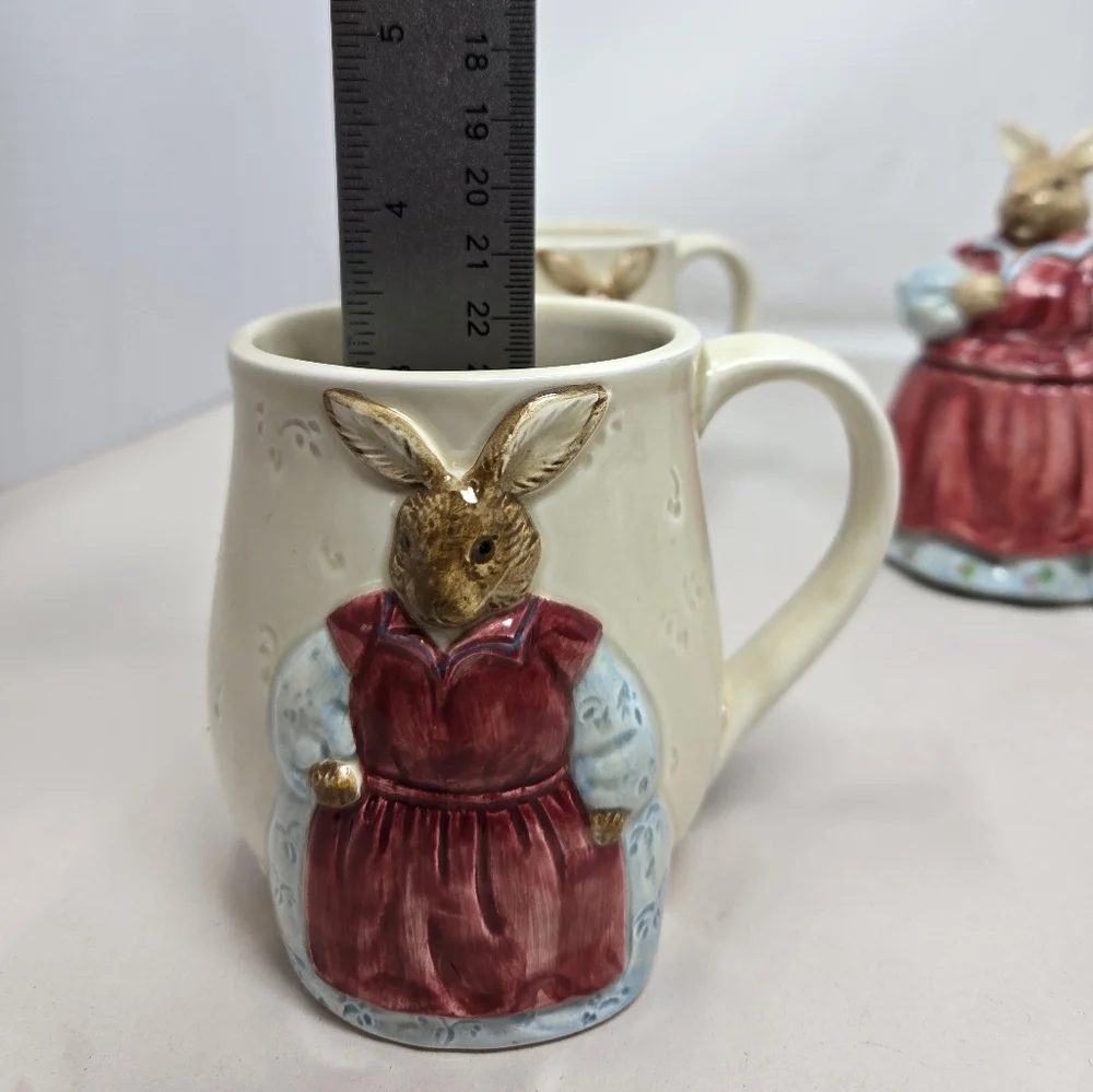 Vintage Otagirl Mrs Rabbit Ceramics 2 Tea Cups-Sugar Holder & Spoon Edith Coll.